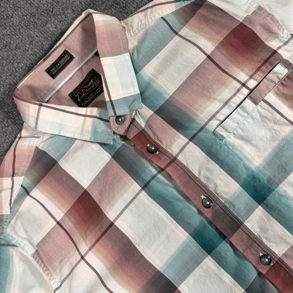 7 Diamonds Weave Beat Mens Large Short Sleeve Plaid Button Up Shirt Teal #4637